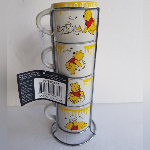 Set Of 4 Disney Winnie The Pooh 3oz Stacking Espresso Cups With Metal Rack - Picture 4 of 5